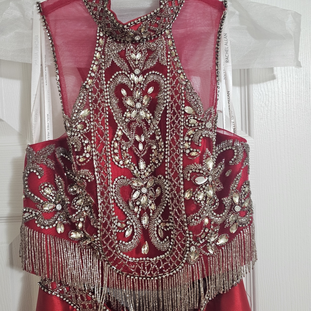 Rachel Allan Crimson and Silver Beaded Prom Dress